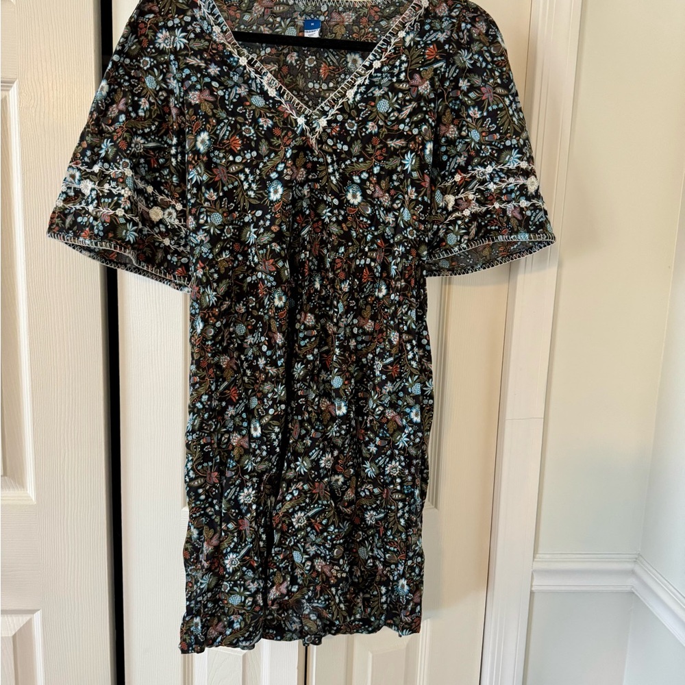 Boho Print Linen Blend Dress with Bell Sleeves and Pockets